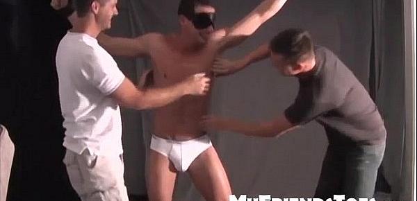  Blindfolded hunk Davis tickled by bondage enthusiasts
